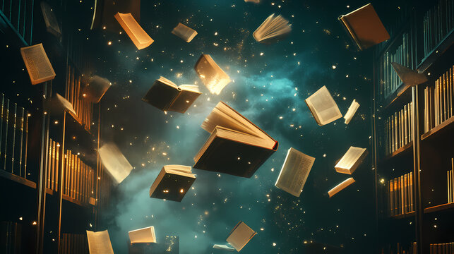 Design a haunted library scene with floating books and space for text. Whispering Book Archives. Illustration