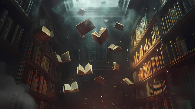 Design a haunted library scene with floating books and space for text. Whispering Book Archives. Illustration