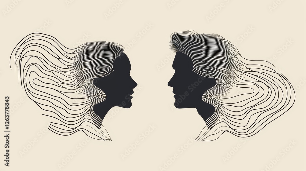 Poster digital artwork showcasing two opposing silhouettes of faces connected by intricate, flowing line pa