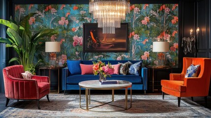 A chic and vibrant Parisian-style living room with bold wallpaper, vintage furniture, and elegant lighting.