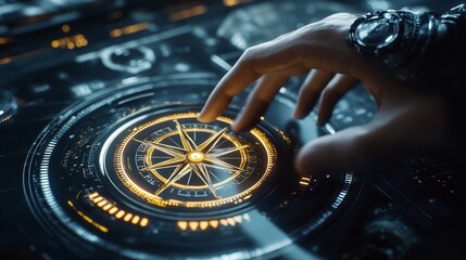 Businessman Touching on Virtual Navigation Compass and Defining Direction