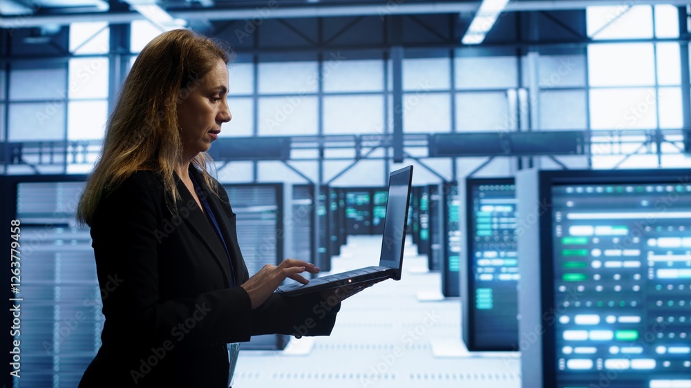 Poster woman walking in high tech facility, using laptop to patch network issues leading to slow data trans