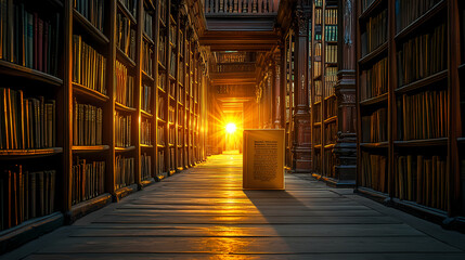Open book illuminated by sunset in library aisle. Whispering Book Archives. Illustration