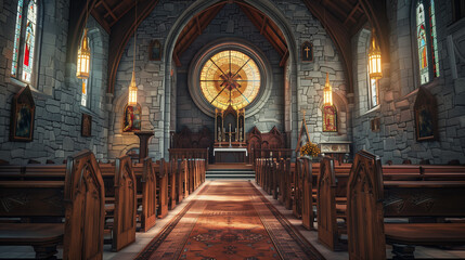 Obraz premium Pastor preaching in a historic stone church in a Christian PowerPoint Background of Gospel harmony