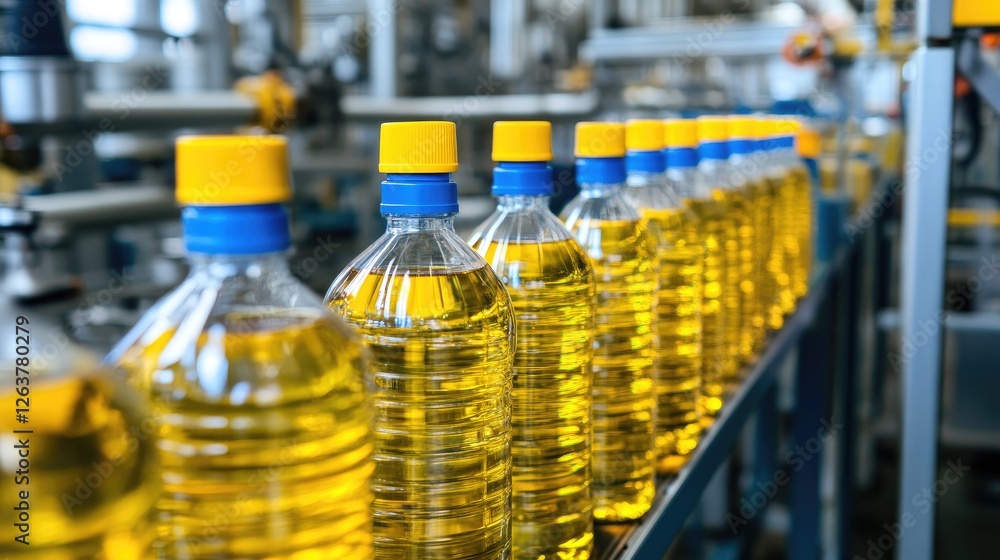 Poster A close-up of a liquid bottling line with high-speed filling and capping.