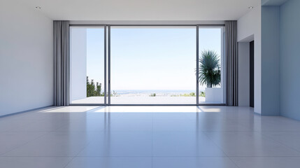 Obraz premium Modern Minimalist Interior Living Space with Large Windows Overlooking Scenic Coastal View and Abundant Natural Light for Contemporary Living