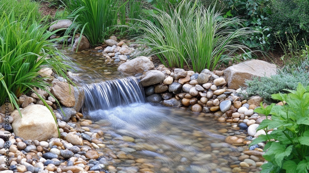 Poster a close-up of a small stream flowing over smooth pebbles in a quiet forest.