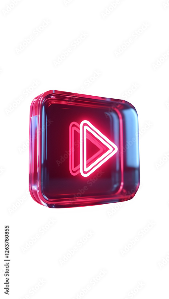 Poster 3d rendered youtube play button icon with glowing neon effect, isolated on a transparent background