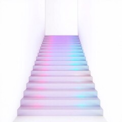 Obraz premium An abstract, minimalist staircase ascends against a white background. Smooth iridescent color gradient transitions create a seamless blend. 