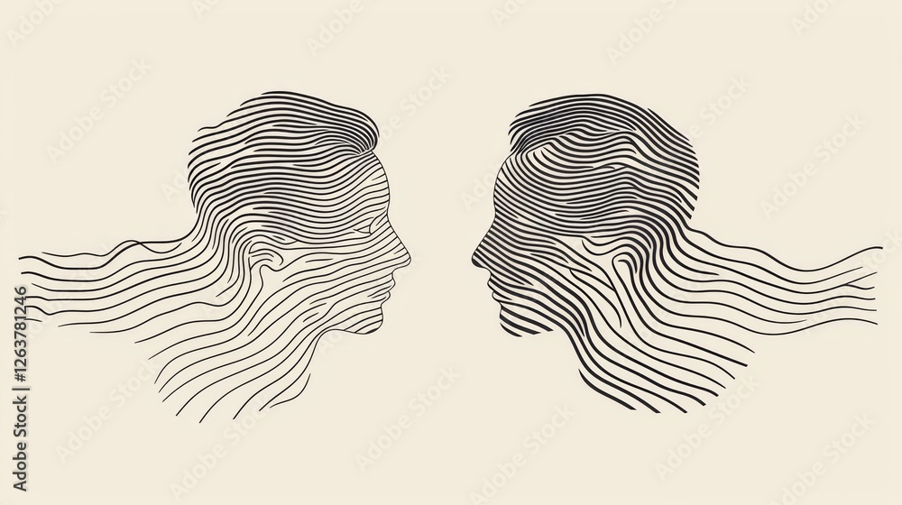 Aufkleber minimalist abstract artwork of two faces composed of flowing black lines, creating a symmetrical, su