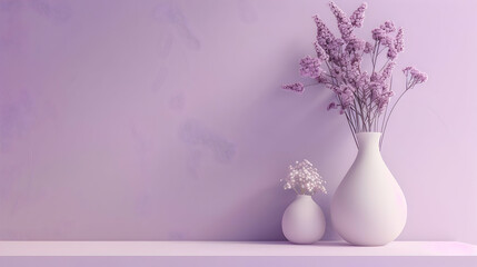 Obraz premium Elegant display of white vases with flowers against a soft purple background, perfect for home decor