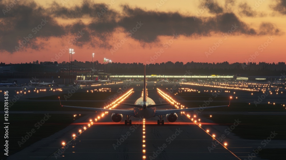 Poster Airport runway illuminated by twilight as an airplane prepares for takeoff amidst a colorful sunset sky. Generative AI