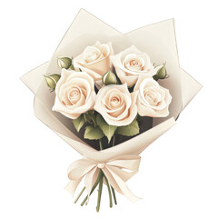 A stylish bouquet of small white roses, wrapped in an elegant folded paper with minimalistic ribbon detail, illustrated in a designer&rsquo;s aesthetic, transparent background, PNG