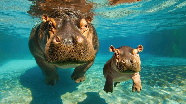 Cutie Pie, A baby hippo swims next to its large mother in a high-fidelity image showcasing their natural bond.