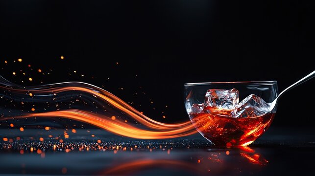 Dramatic close-up of a cocktail glass with ice and vibrant flames in background