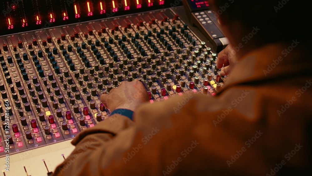 Fototapete audio technician producing new music at mixing console in control room, twisting knobs, pressing sli