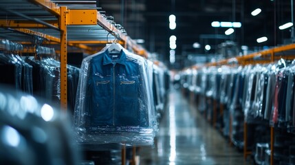 Clothing warehouse storing various jackets organized on hangers with clear plastic covers in a well-lit facility