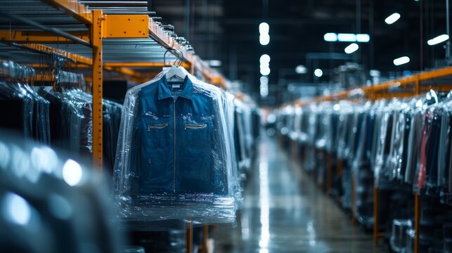 Clothing warehouse storing various jackets organized on hangers with clear plastic covers in a well-lit facility