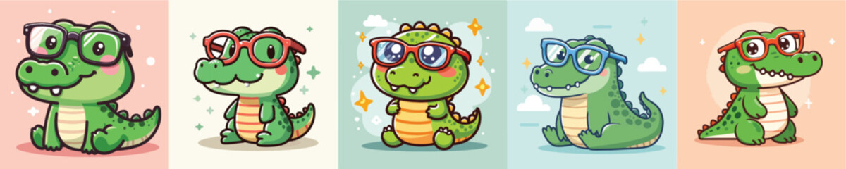 vector set of cute crocodiles wearing glasses
