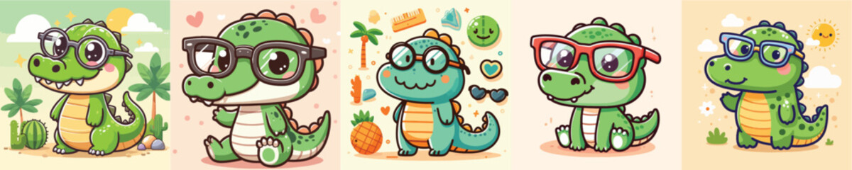 vector set of cute crocodiles wearing glasses