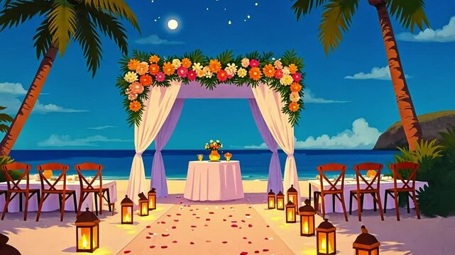 Romantic beach wedding setup with lanterns suitable for wedding planners, beach venues, and event coordinators looking for elegant decorations.