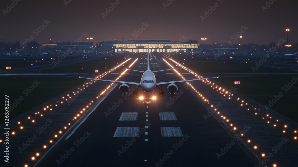 Poster airplane preparing for takeoff at a busy airport runway during twilight with runway lights illuminat