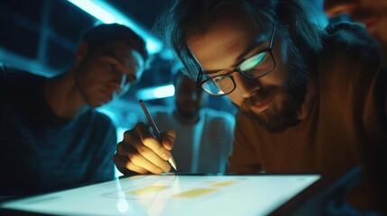 A medium closeup reveals a focused team member sketching a prototype interface on a digital tablet illuminated by soft overhead lights as colleagues lean in their expressions reflecting