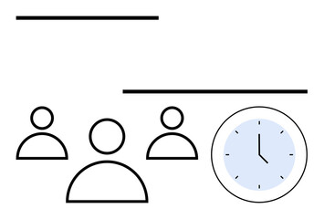 Minimal group figures representing teamwork, with a clock emphasizing time tracking. Ideal for teamwork, scheduling, time management, deadlines, productivity, collaboration, abstract line flat