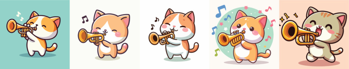 vector set of cute cats playing trumpet