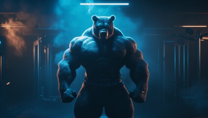 A portrait illustration of a humanoid bear undergoes strength training in a gym