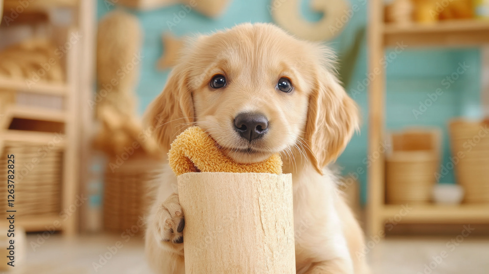 Wall mural Cutie Pie, A golden retriever puppy playfully holds a toy in its mouth, captured in high fidelity detail.