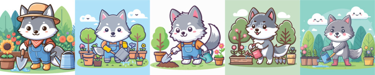 vector set of cute wolves doing gardening