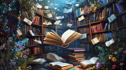 A whimsical library overflowing with books that defy gravity, their pages floating in the air and whispering secrets to those who dare to enter. Whispering Book Archives. Illustration
