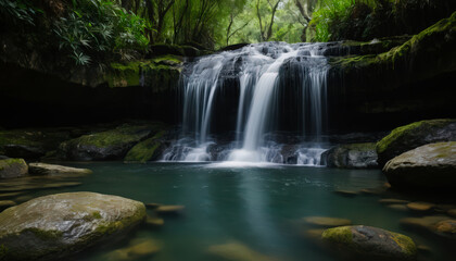 Fototapeta premium Serene waterfall flowing in a lush forest setting, surrounded by moss-covered rocks and greenery, creating a peaceful, naturally untouched ambiance
