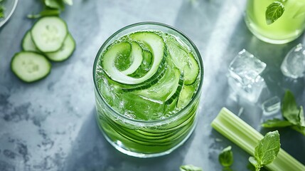 Obraz premium Refreshing green cocktail garnished with cucumber and celery in a glass