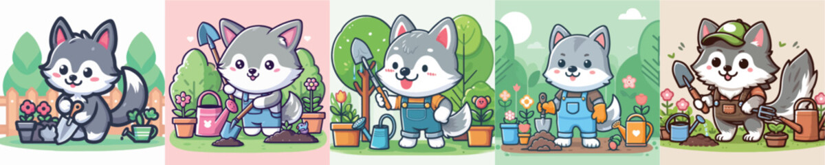 vector set of cute wolves doing gardening