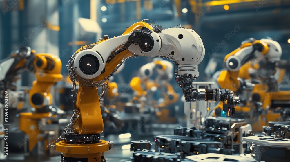 Aufkleber a futuristic industrial automation system controlling processing machines.