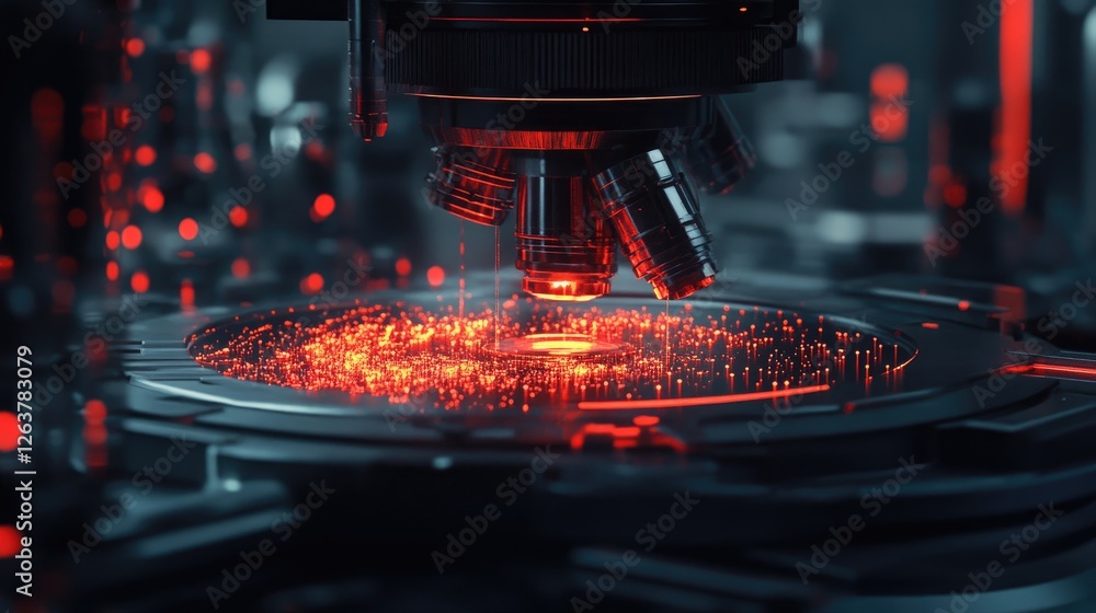 Poster a futuristic nanomaterial production lab with glowing particles under a microscope.