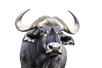 Naklejka premium African Buffalo Portrait: Majestic Horns, Dark Fur, Transparent Background