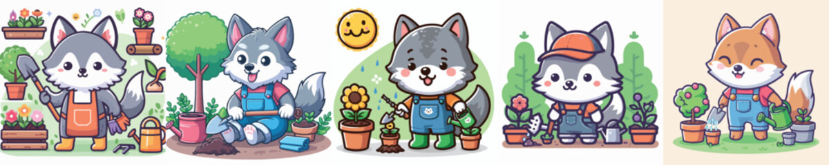 vector set of cute wolves doing gardening