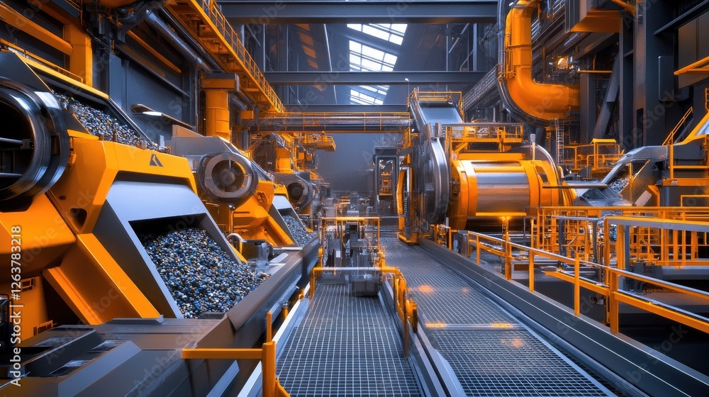 Poster a futuristic recycling processing plant with automated systems sorting materials.