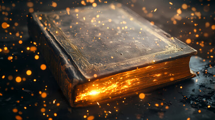 Ancient book with a worn cover and glowing edges, surrounded by sparks on a dark surface, evoking mystery and history. Whispering Book Archives. Illustration