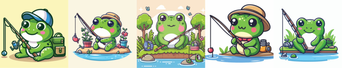 vector set of cute frogs fishing