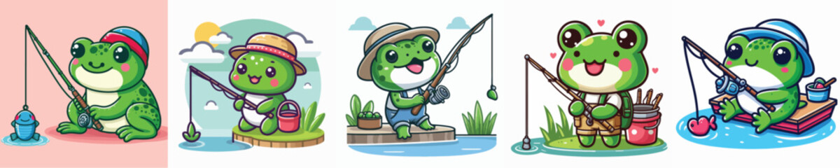 vector set of cute frogs fishing