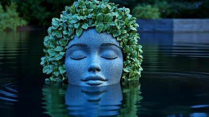 Serenity of a nature-inspired sculpture with lush greenery reflected in calm water at twilight