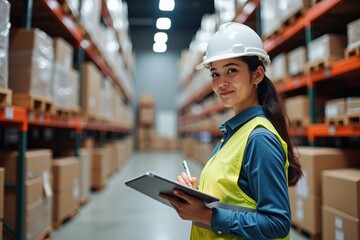 A Young Female Warehouse Worker in Safety Gear Conducting Inventory in a Busy Distribution Center with Stacked Boxes and Industrial Racks