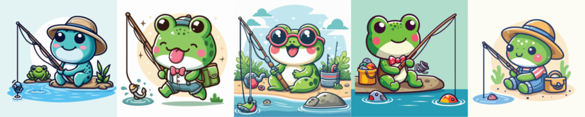 vector set of cute frogs fishing