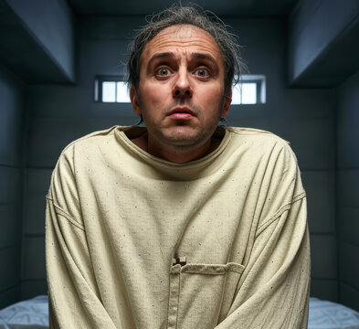Surprised man in a straightjacket in a padded, secured room expressing a mix of emotions symbolizing mental challenges and confinement in a psychological facility.