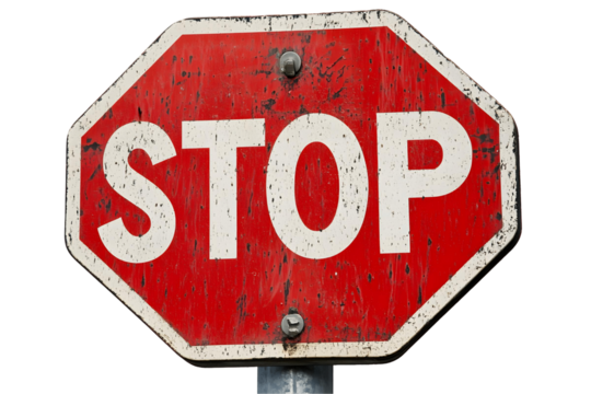 Weathered Stop Sign: Octagon Shape, Red, White Letters, Transparent Background.