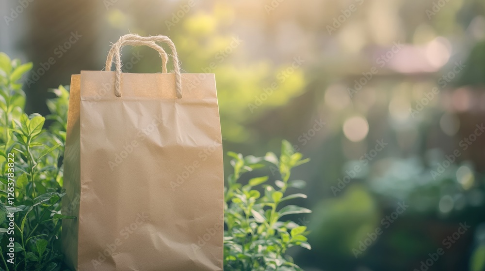 Poster eco friendly paper bag surrounded by lush greenery with a blank space for branding or text placement